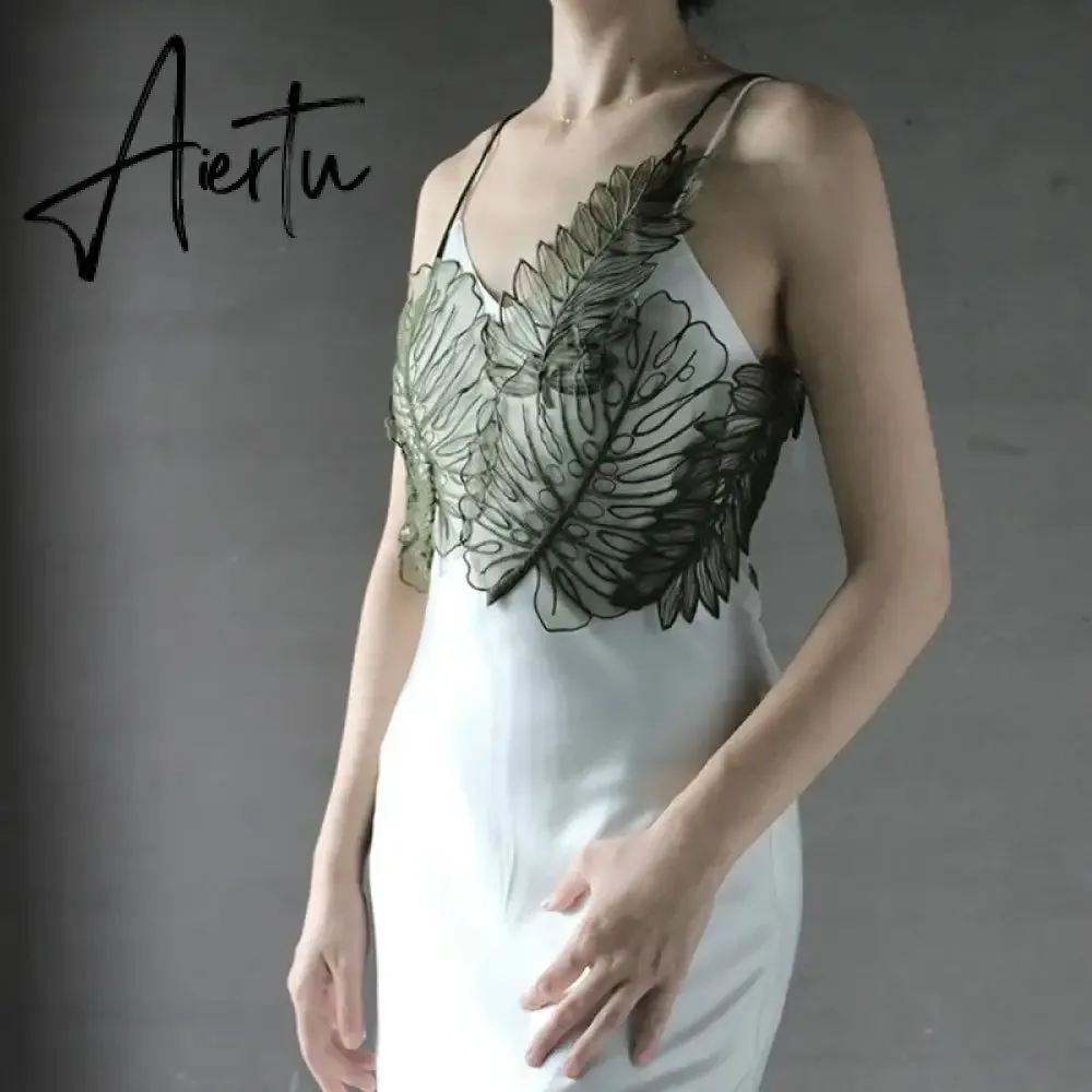 Aiertu Women Tank Top Green Transparent Outfit Camisole  Sexy Embroidered Tanks Organza Leaves Sexy Camis Crop Top