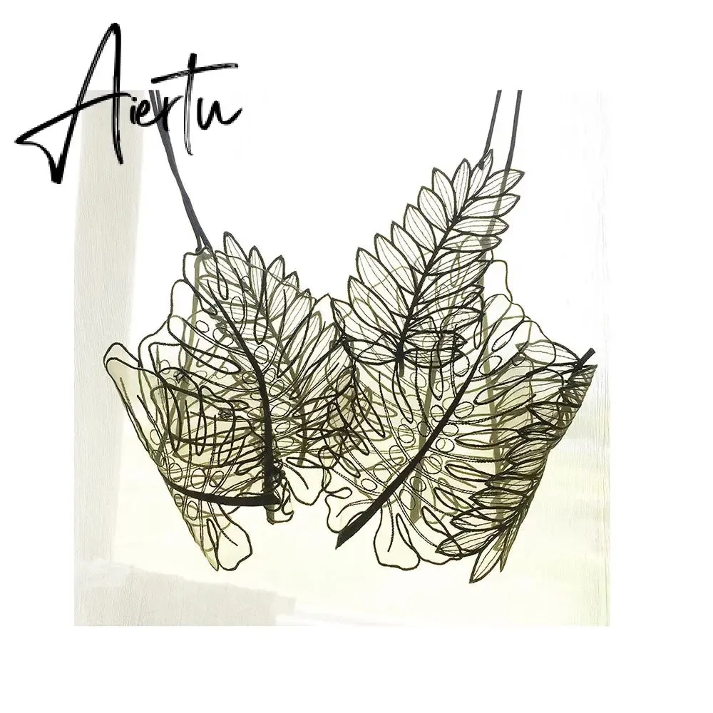 Aiertu Women Tank Top Green Transparent Outfit Camisole  Sexy Embroidered Tanks Organza Leaves Sexy Camis Crop Top
