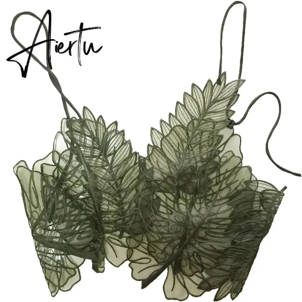 Aiertu Women Tank Top Green Transparent Outfit Camisole  Sexy Embroidered Tanks Organza Leaves Sexy Camis Crop Top