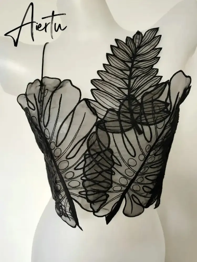 Aiertu Women Tank Top Green Transparent Outfit Camisole  Sexy Embroidered Tanks Organza Leaves Sexy Camis Crop Top