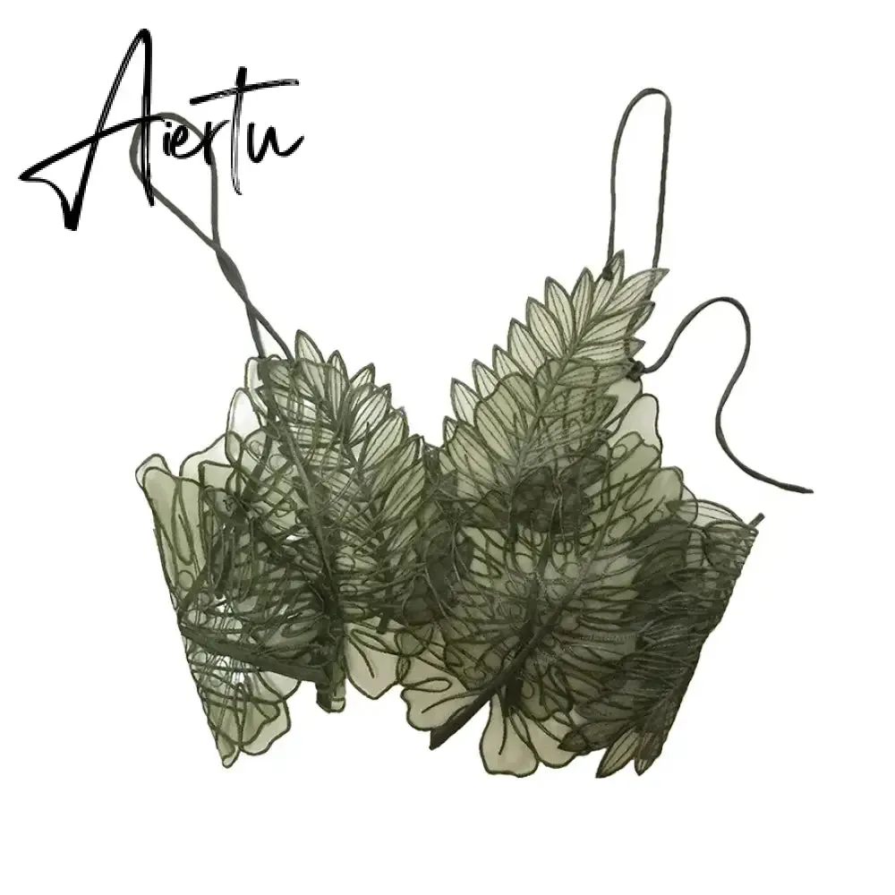Aiertu Women Tank Top Green Transparent Outfit Camisole  Sexy Embroidered Tanks Organza Leaves Sexy Camis Crop Top