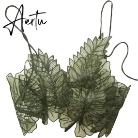 Aiertu Women Tank Top Green Transparent Outfit Camisole  Sexy Embroidered Tanks Organza Leaves Sexy Camis Crop Top