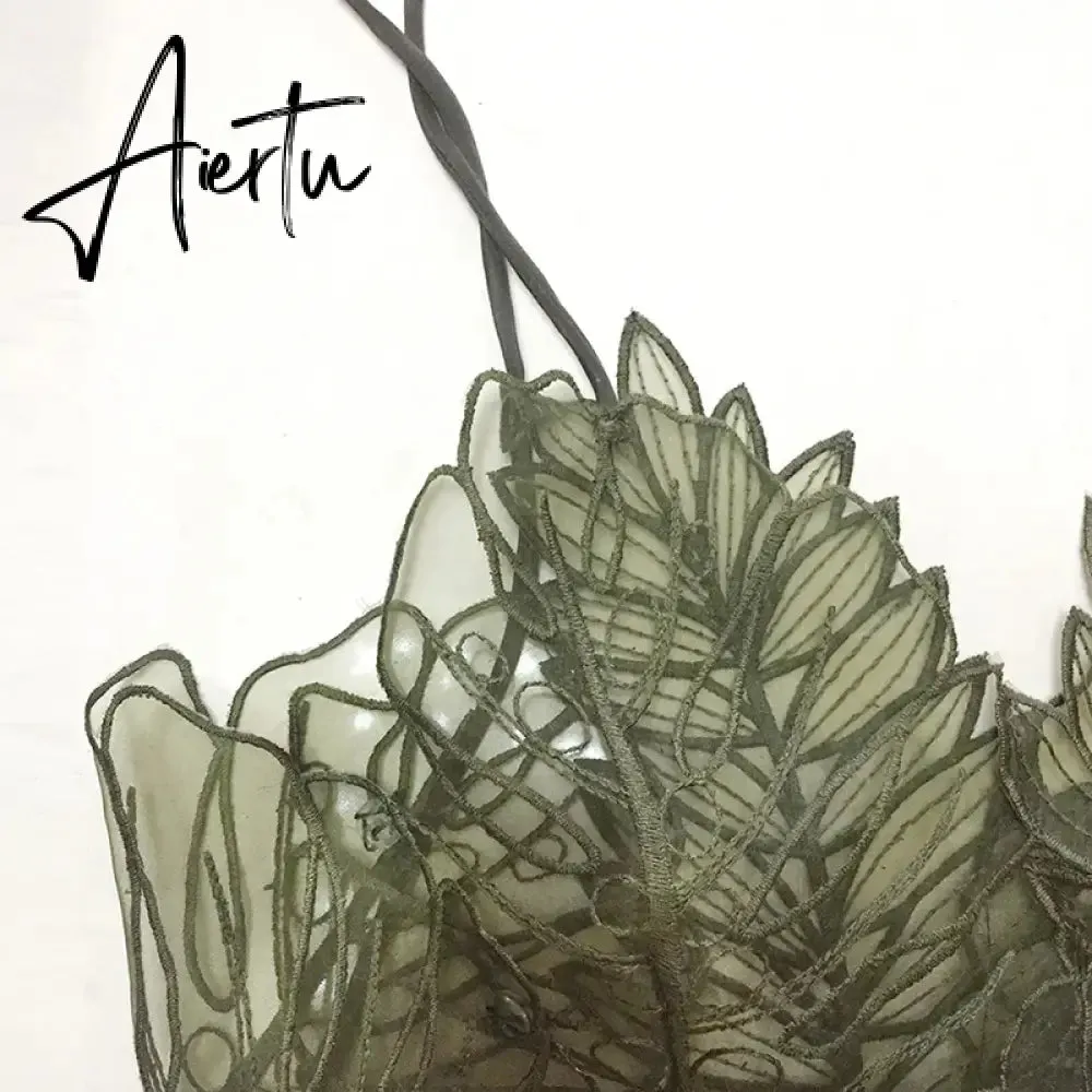 Aiertu Women Tank Top Green Transparent Outfit Camisole  Sexy Embroidered Tanks Organza Leaves Sexy Camis Crop Top