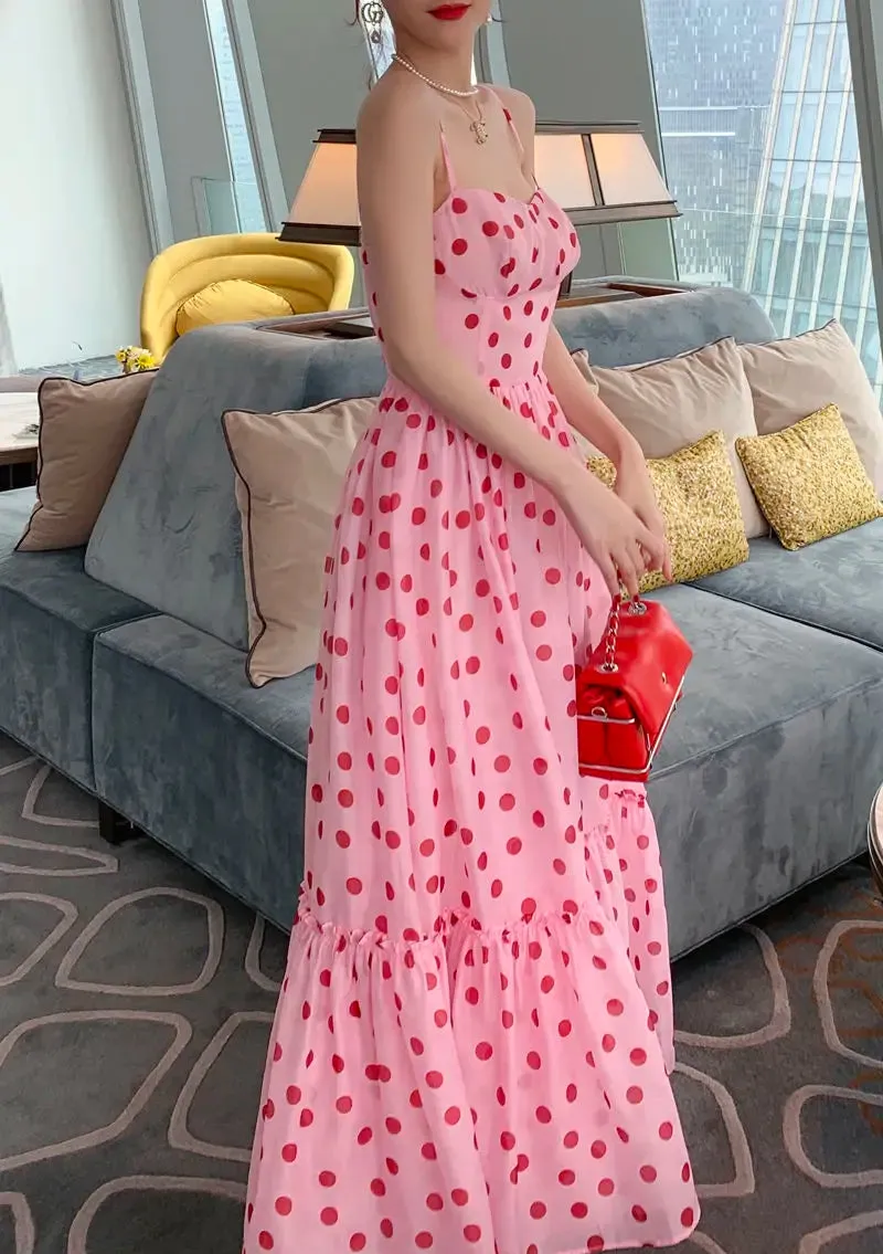 Aiertu Women Vintage Sexy Dot Dress Retro Party Dress Summer Sleeveless French Waist Up Sweet Fairy Big Swing Skirt Long Sundress