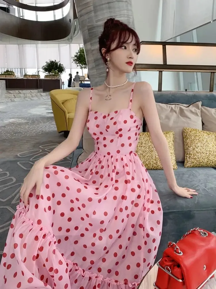 Aiertu Women Vintage Sexy Dot Dress Retro Party Dress Summer Sleeveless French Waist Up Sweet Fairy Big Swing Skirt Long Sundress