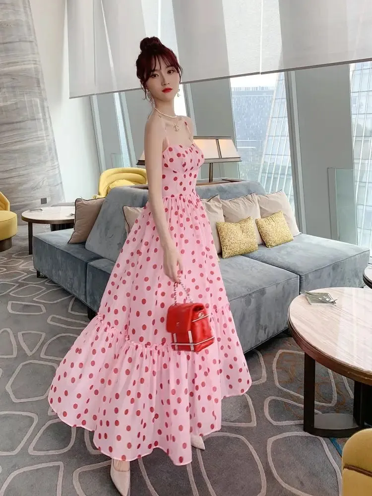 Aiertu Women Vintage Sexy Dot Dress Retro Party Dress Summer Sleeveless French Waist Up Sweet Fairy Big Swing Skirt Long Sundress