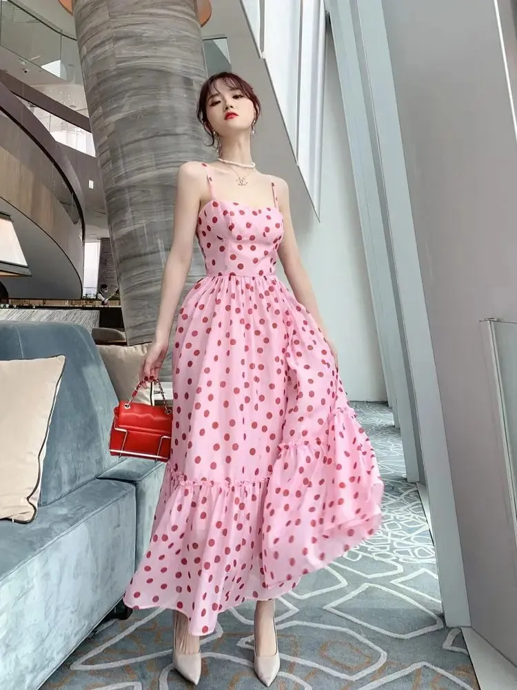 Aiertu Women Vintage Sexy Dot Dress Retro Party Dress Summer Sleeveless French Waist Up Sweet Fairy Big Swing Skirt Long Sundress