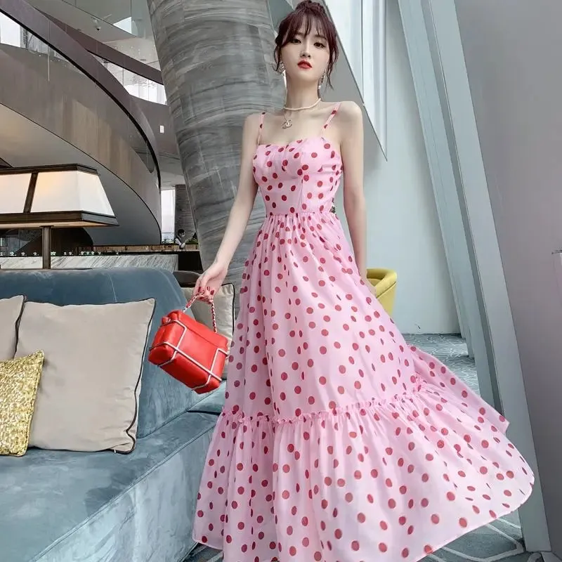 Aiertu Women Vintage Sexy Dot Dress Retro Party Dress Summer Sleeveless French Waist Up Sweet Fairy Big Swing Skirt Long Sundress