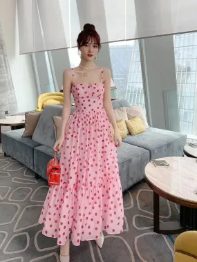 Aiertu Women Vintage Sexy Dot Dress Retro Party Dress Summer Sleeveless French Waist Up Sweet Fairy Big Swing Skirt Long Sundress