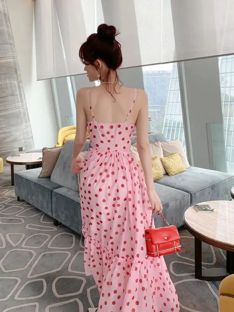 Aiertu Women Vintage Sexy Dot Dress Retro Party Dress Summer Sleeveless French Waist Up Sweet Fairy Big Swing Skirt Long Sundress