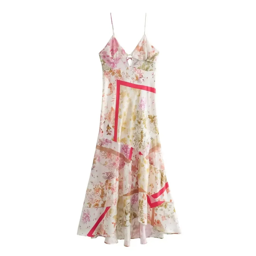 Aiertu Women's new summer vacation style silk satin texture patchwork printed sleeveless suspender dress