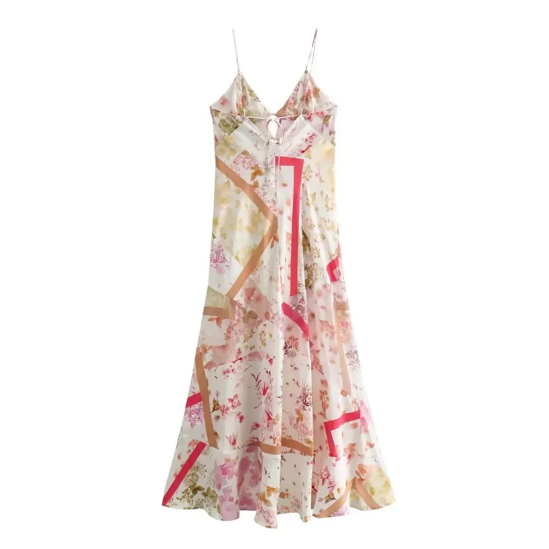 Aiertu Women's new summer vacation style silk satin texture patchwork printed sleeveless suspender dress