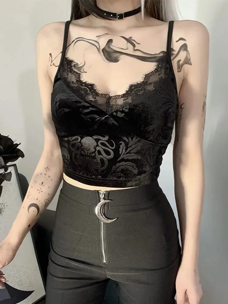ALTGOTH Streetwear Veleve Y2K Camisole - Dark Mall Goth Sexy Lace Patchwork Bodycon Crop Tank Top, Vintage Gothic Black