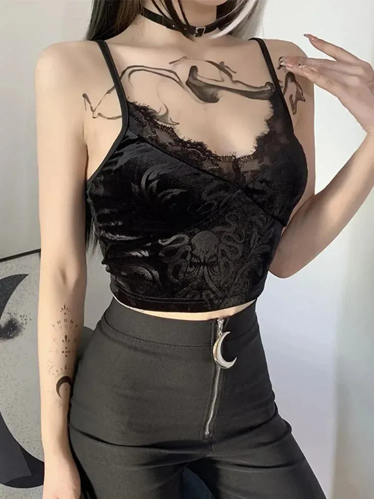 ALTGOTH Streetwear Veleve Y2K Camisole - Dark Mall Goth Sexy Lace Patchwork Bodycon Crop Tank Top, Vintage Gothic Black