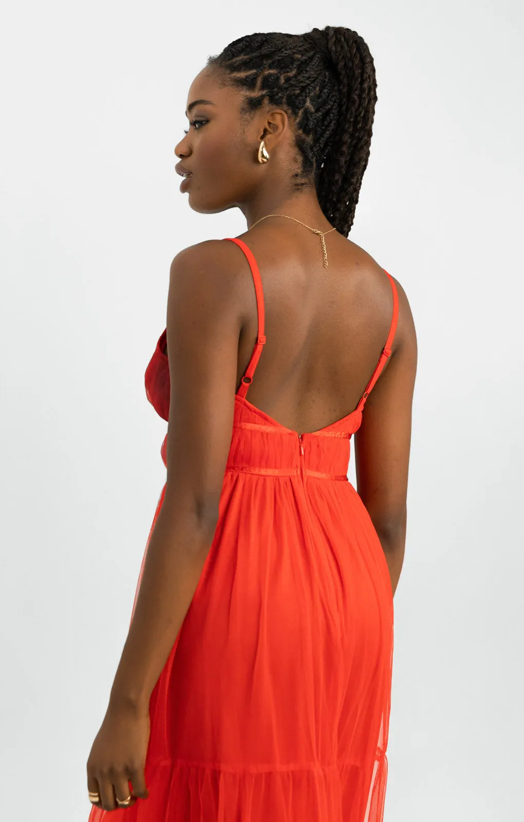 Anaya Tulle Maxi Dress With Tiered Skirt In Bright Red