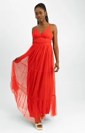 Anaya Tulle Maxi Dress With Tiered Skirt In Bright Red