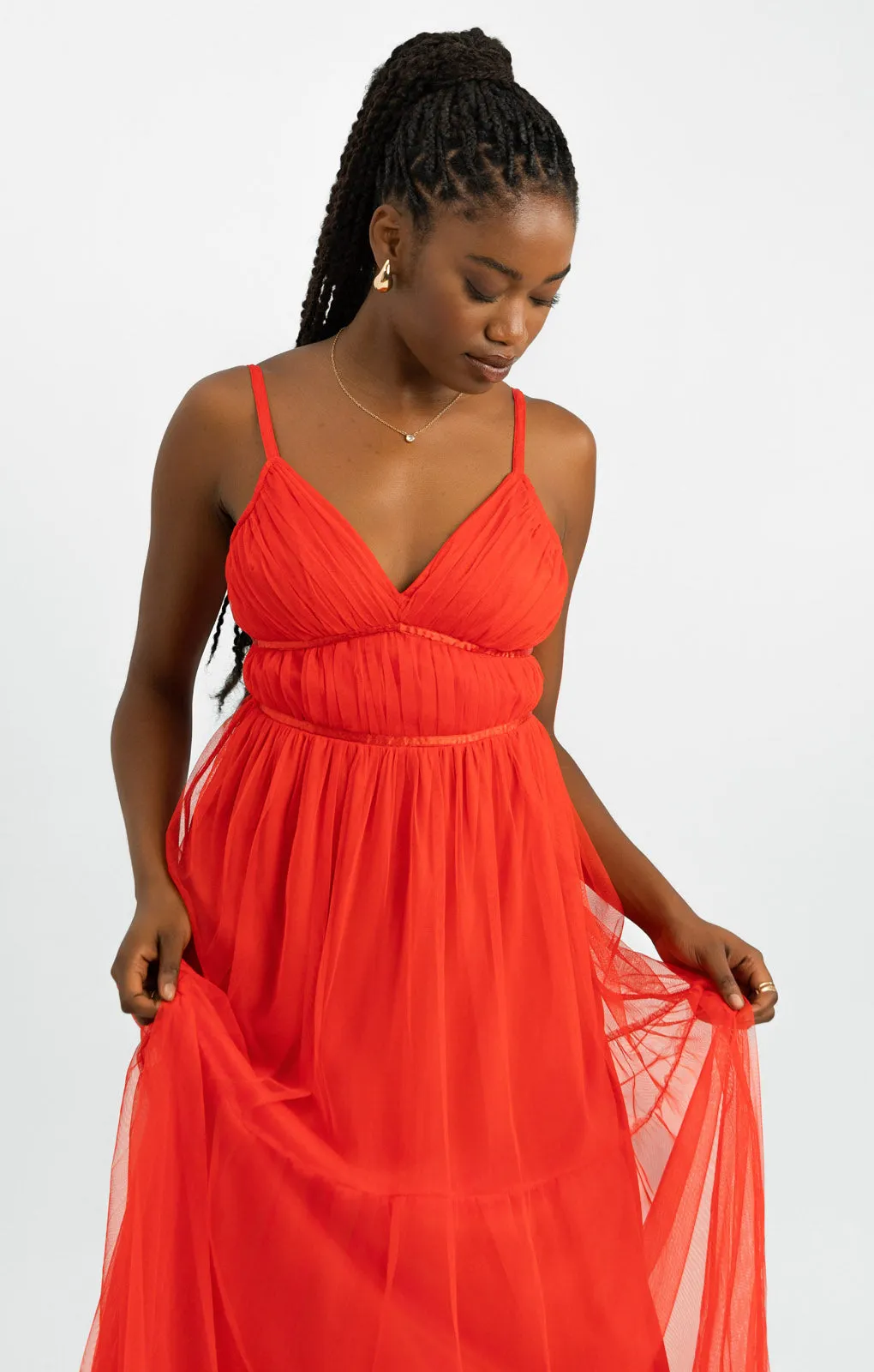 Anaya Tulle Maxi Dress With Tiered Skirt In Bright Red