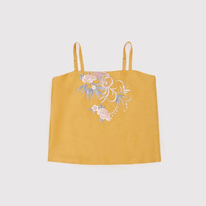 Bamboo Leaves Flowers and Cat Embroidery Casual Pink Hanfu Set