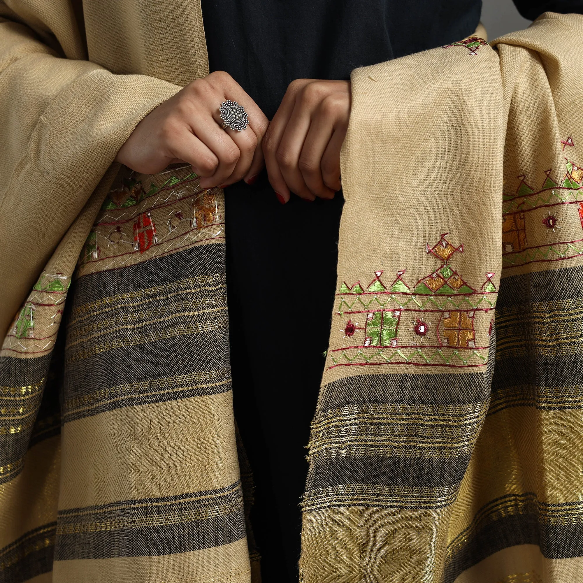 Beige - Kutch Neran Hand Embroidery Mirror Work Woollen Shawl 75