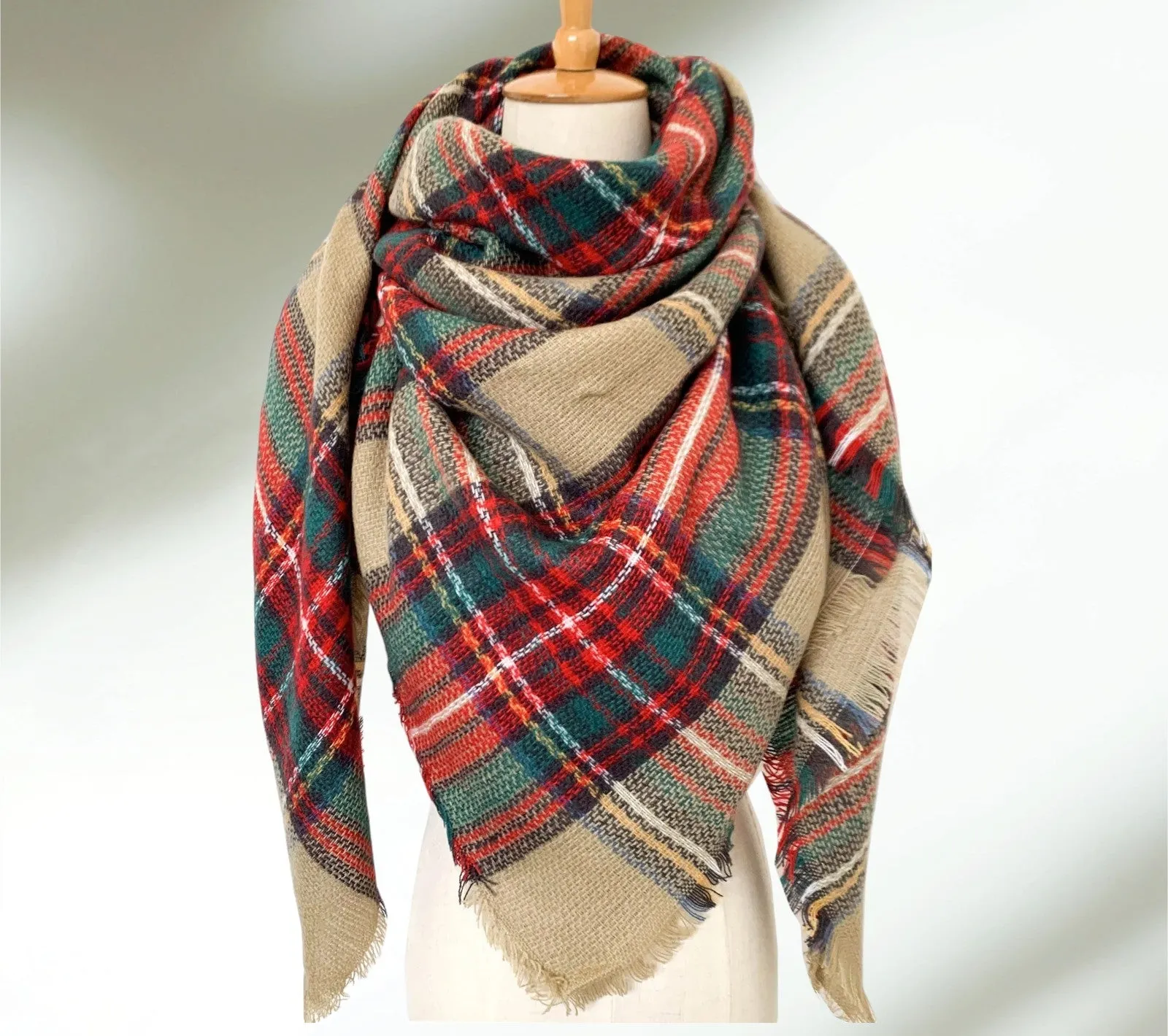 Beige, Red and Green Plaid Blanket Scarf/ Oversized Scarf/ Plaid Shawl/ Bridesmaid Gifts/ Christmas Plaid Scarf/ Throw plaid blanket/ Plaid Women's Blanket Scarf/ Women Scarf/ Gifts for Her/ Women Shawl/ Bridesmaid Scarf/ Fall Scarf