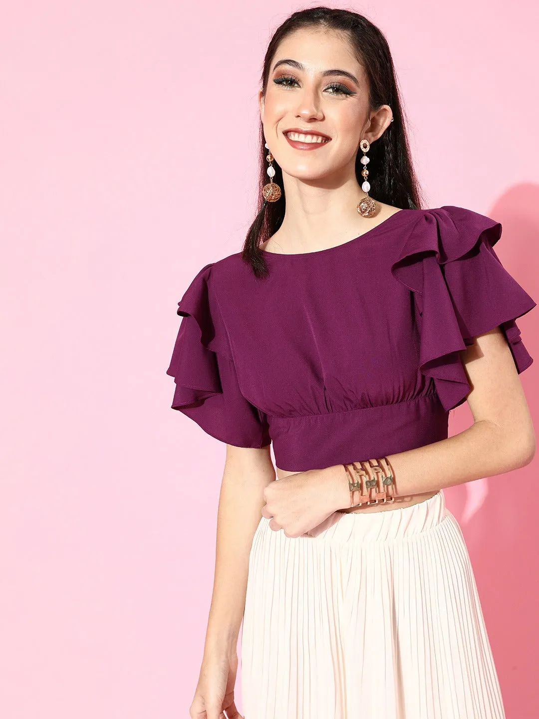 Berrylush Women Solid Purple Flutter Sleeves Blouson Crop Top