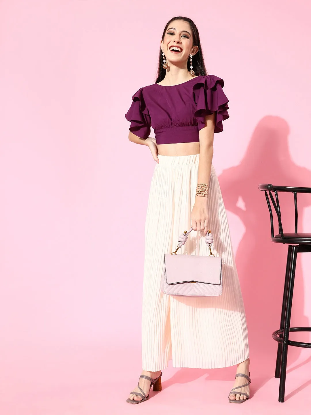 Berrylush Women Solid Purple Flutter Sleeves Blouson Crop Top