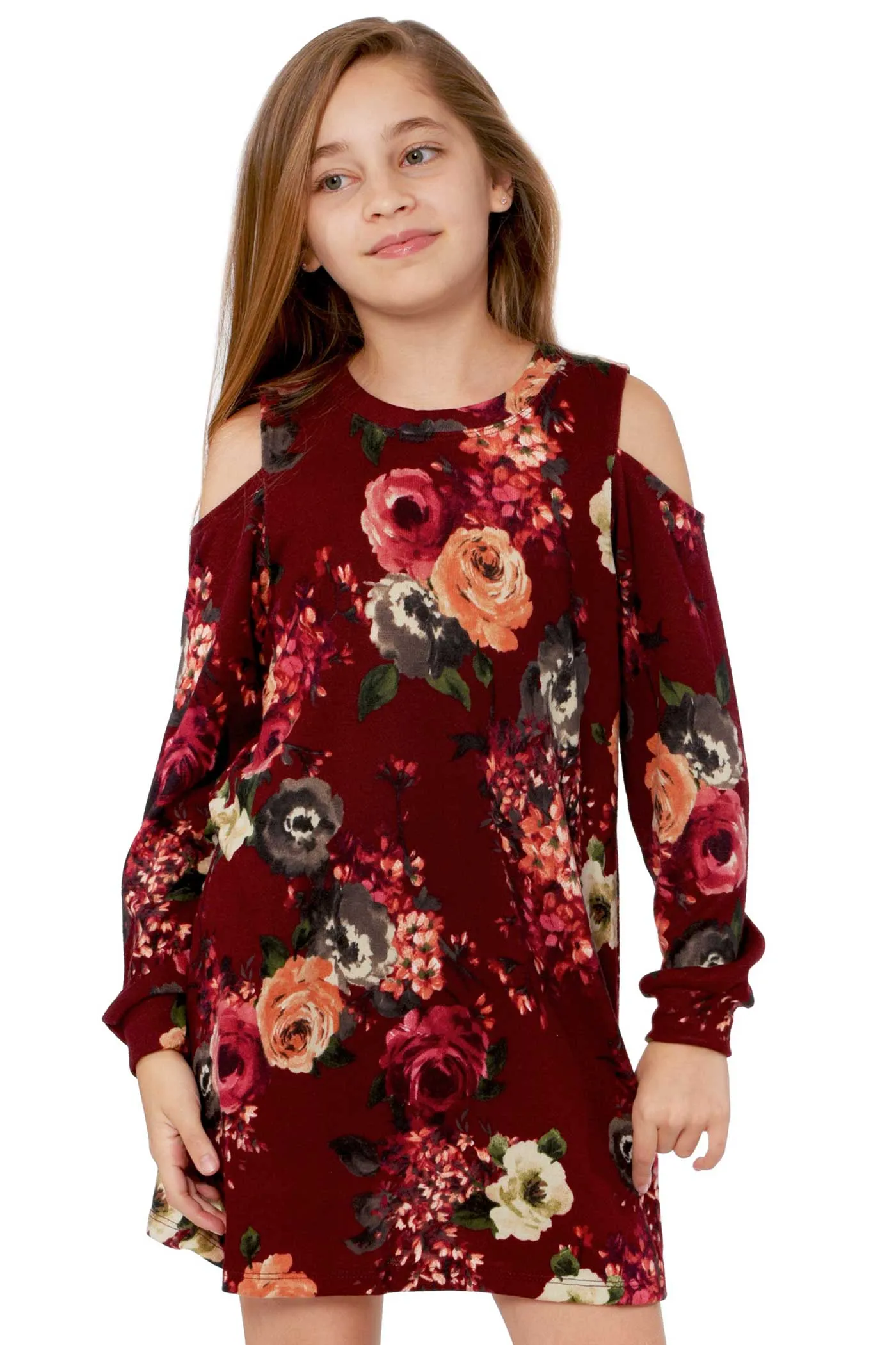 Big Girls Long Sleeve Cold Shoulder Floral Knit Dress