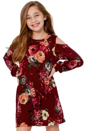 Big Girls Long Sleeve Cold Shoulder Floral Knit Dress