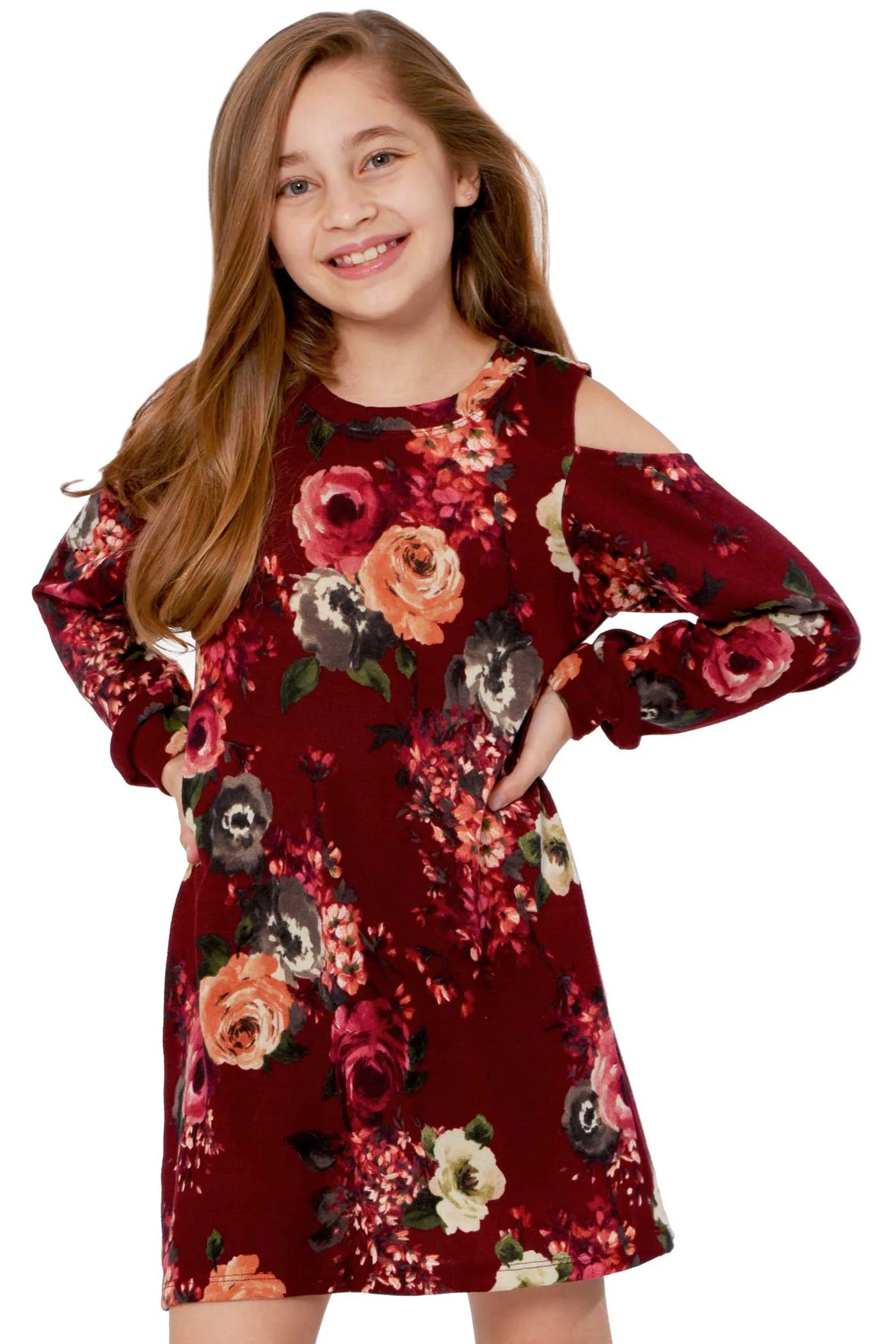 Big Girls Long Sleeve Cold Shoulder Floral Knit Dress