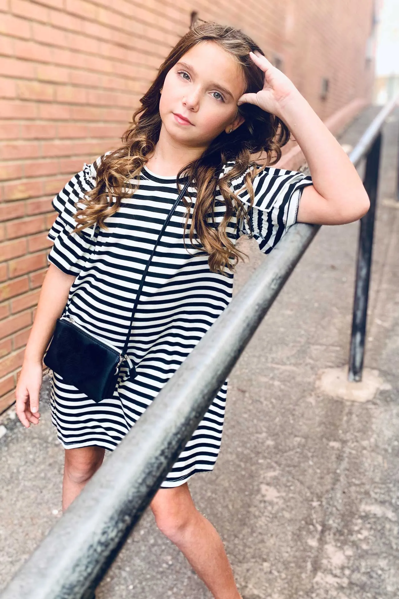 Big Girls Ruffle Short Sleeve Striped Knit Dress