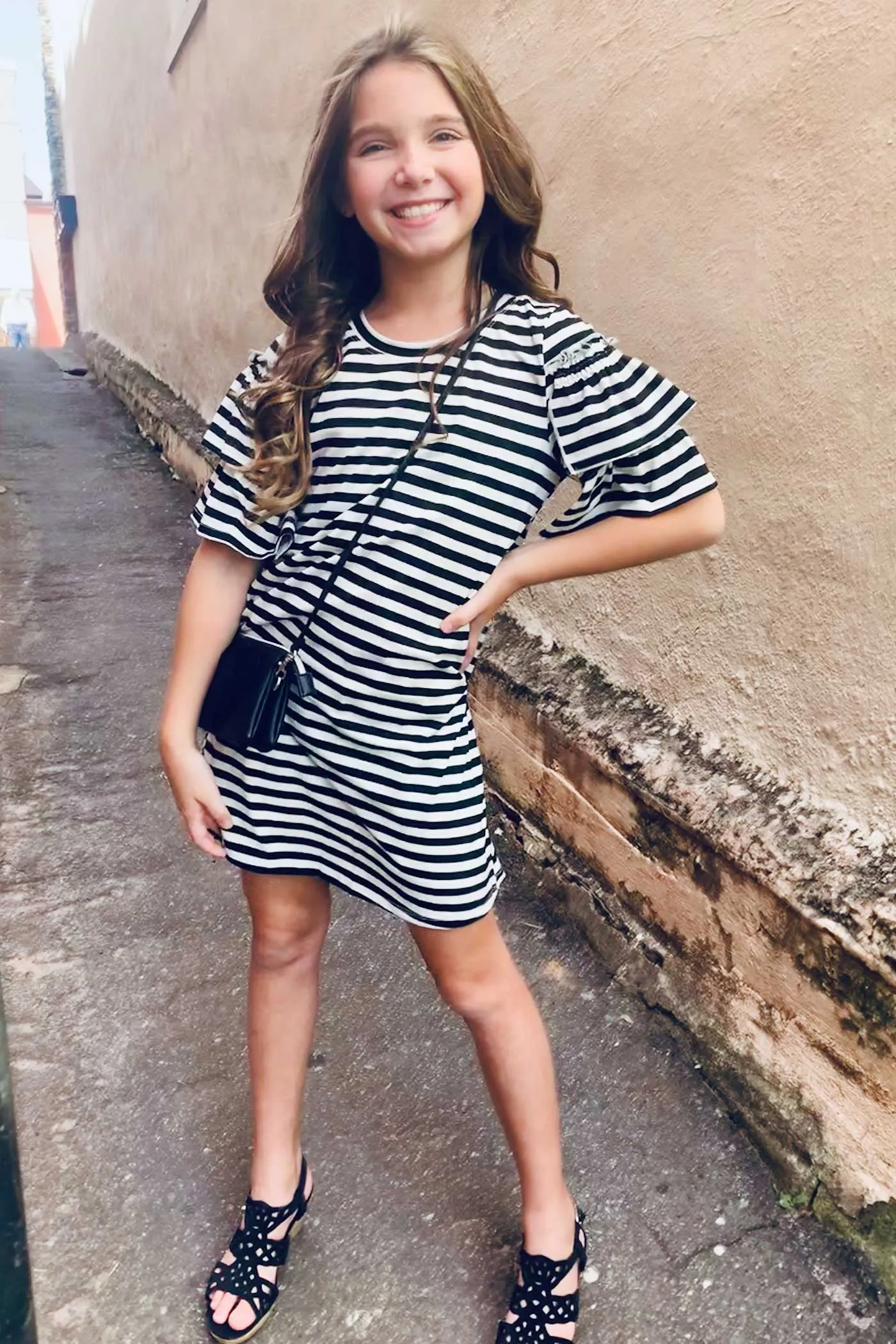 Big Girls Ruffle Short Sleeve Striped Knit Dress