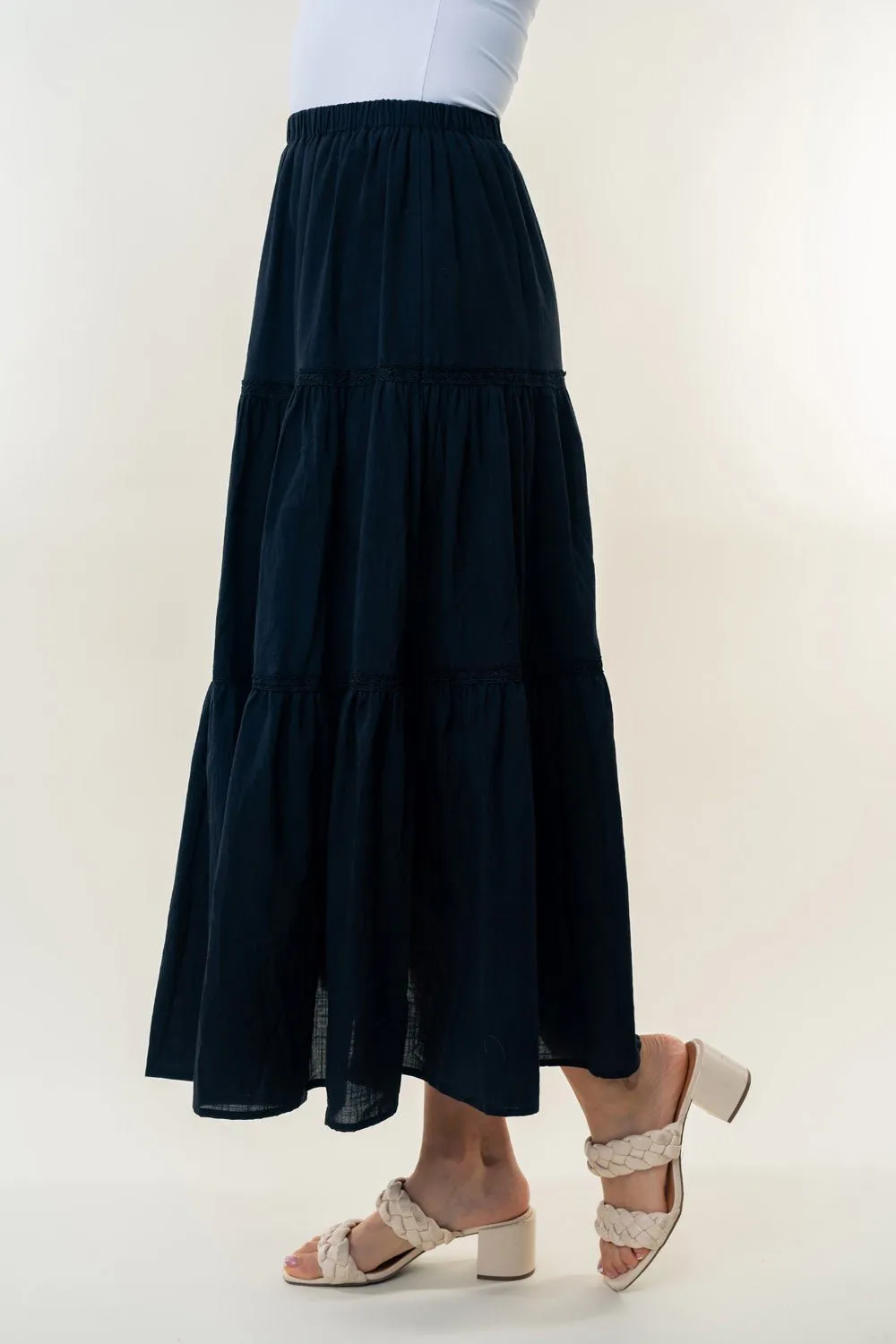 Black High Waisted Tiered Maxi Skirt