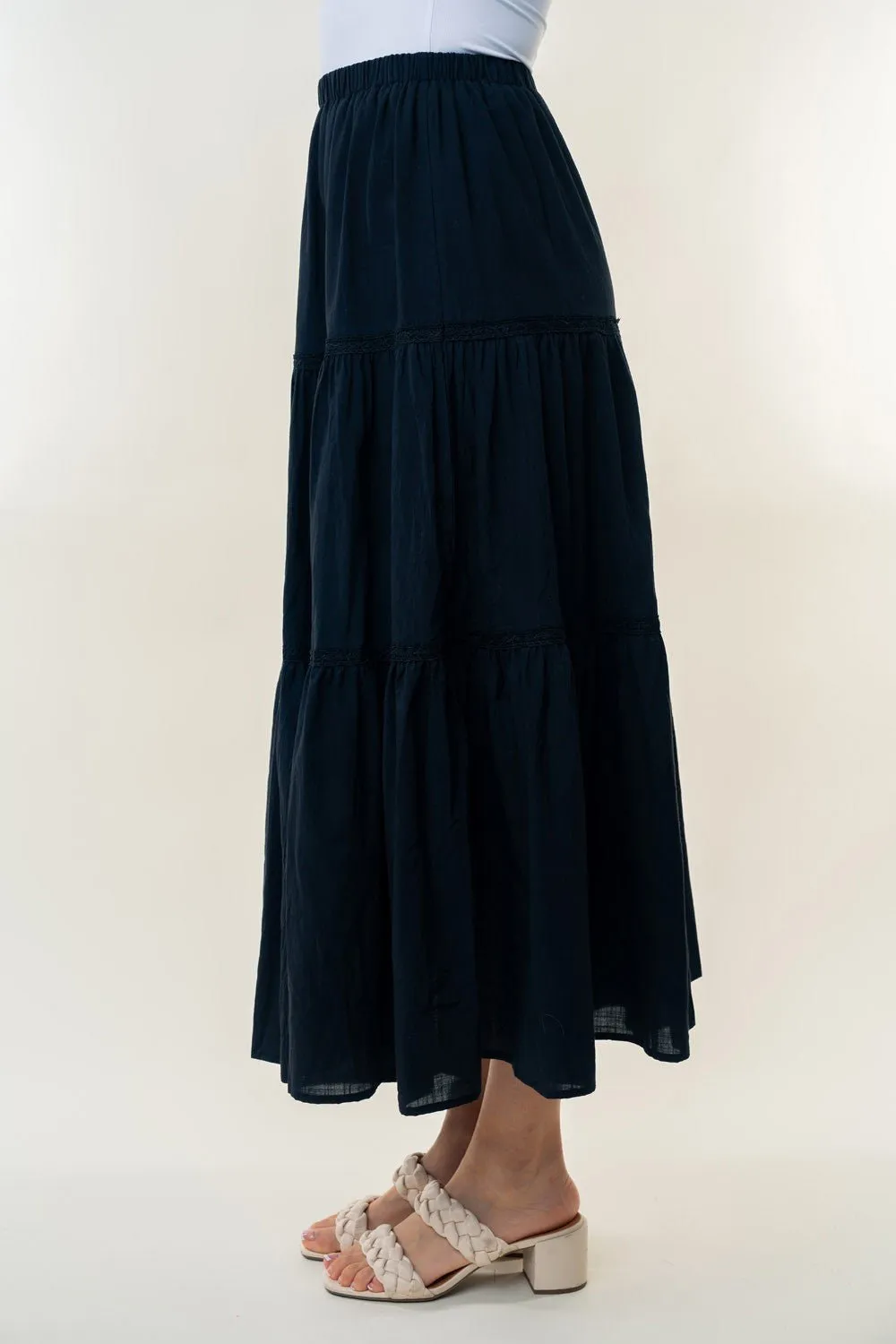 Black High Waisted Tiered Maxi Skirt
