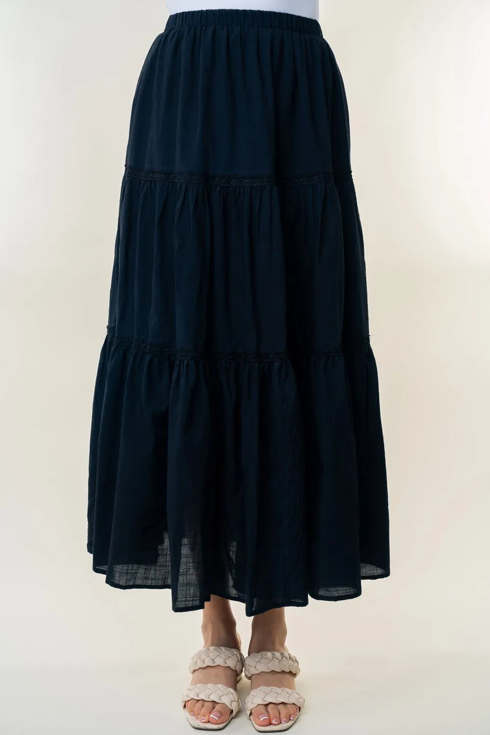 Black High Waisted Tiered Maxi Skirt