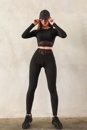 Black Mesh Corset Panel Crop Top Leggings Co-ord - Angela