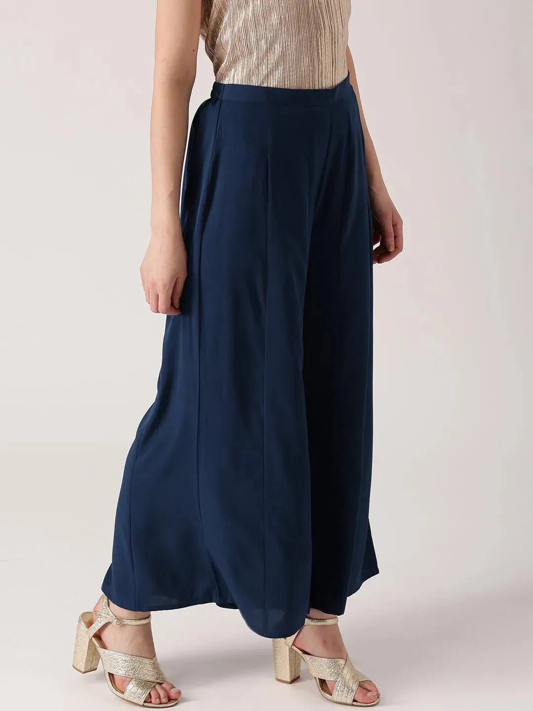 Blue Solid Crepe Palazzos
