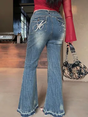 Bolly Plus Size Denim Blue Washed High Waist Slim Flare Jeans Pants