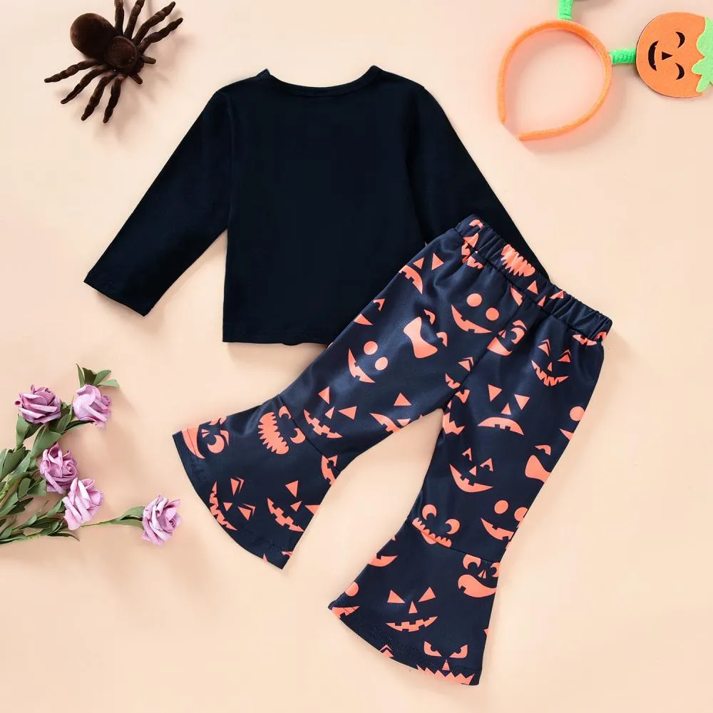 Boys and Girls Halloween Happy Jack-o-lantern Flared Pants Two-Piece Set Wholesale Kids Clothes