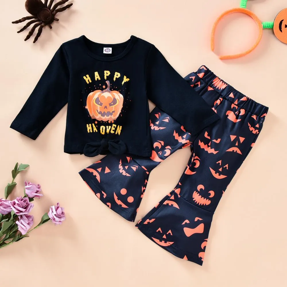 Boys and Girls Halloween Happy Jack-o-lantern Flared Pants Two-Piece Set Wholesale Kids Clothes