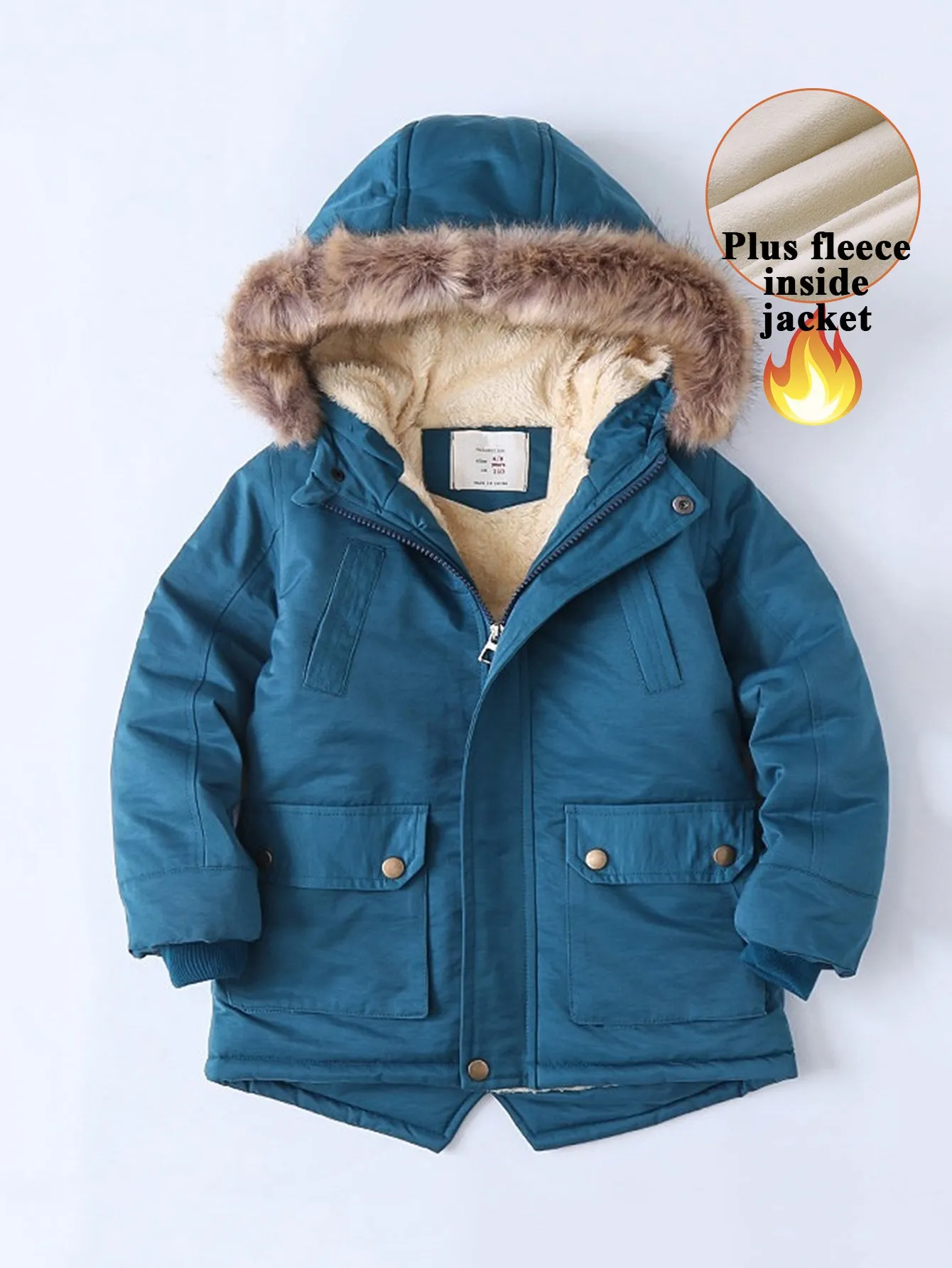 Boys Hooded Small Slit Plush Cotton Jacket
