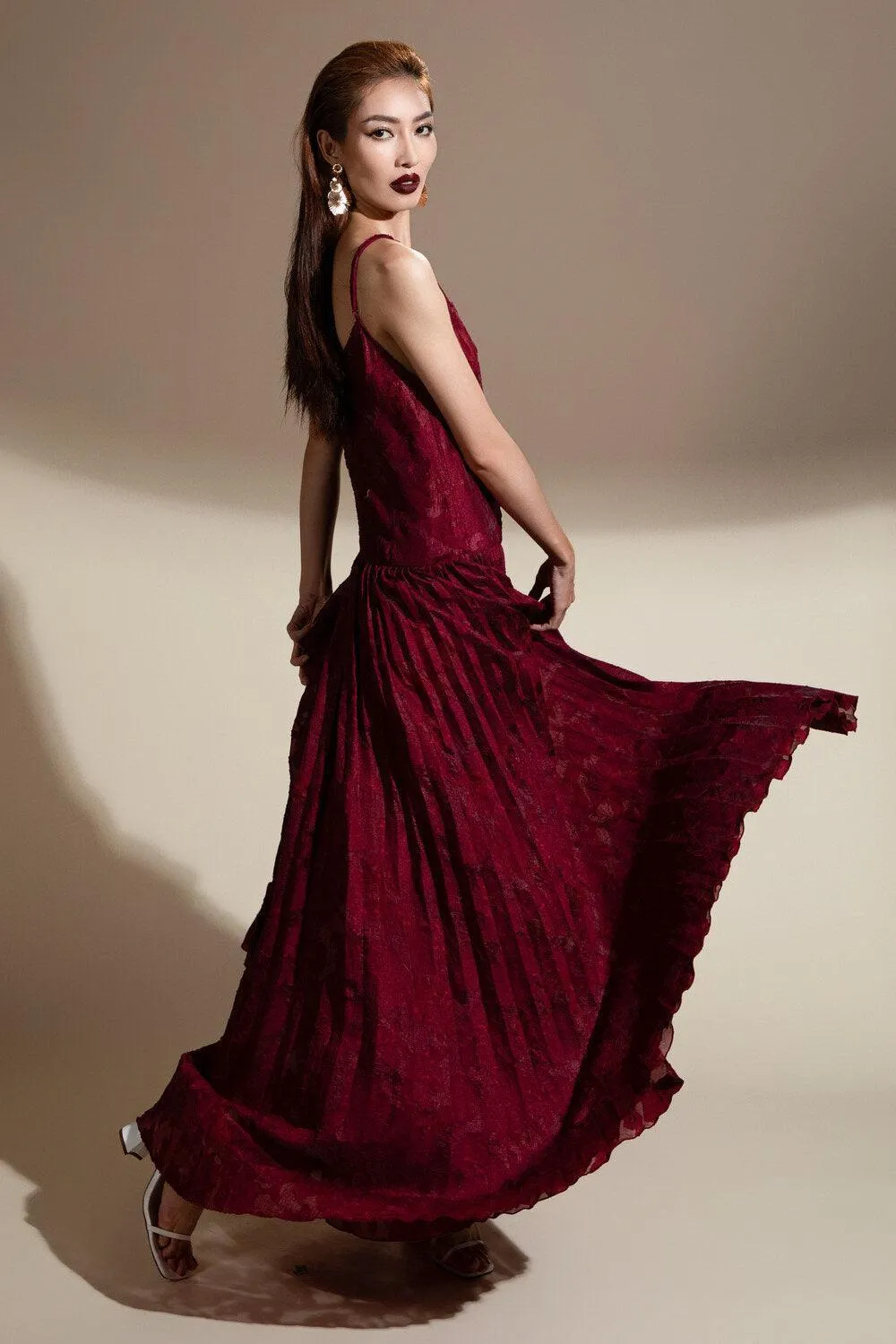 Brittany Flared Camisole Brocade Organza Maxi Dress