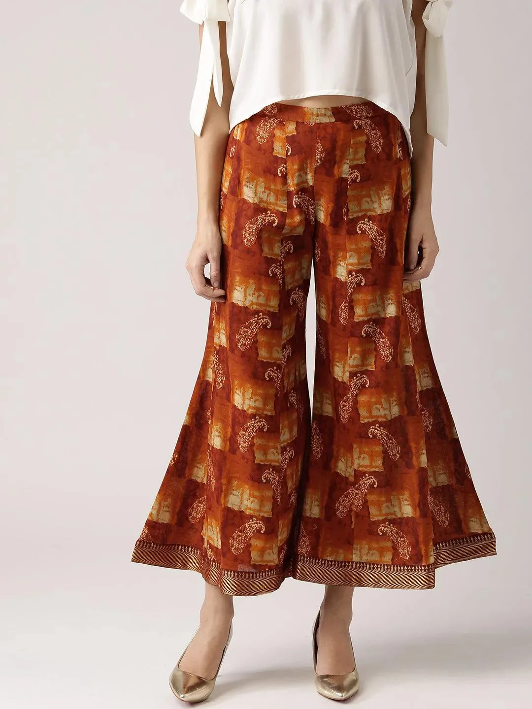 Brown Printed Rayon Palazzos
