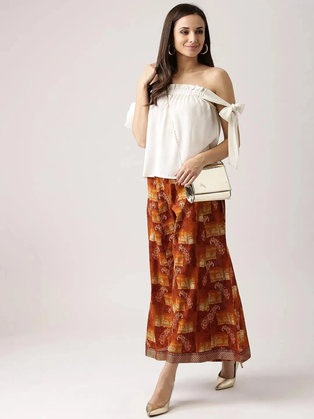 Brown Printed Rayon Palazzos