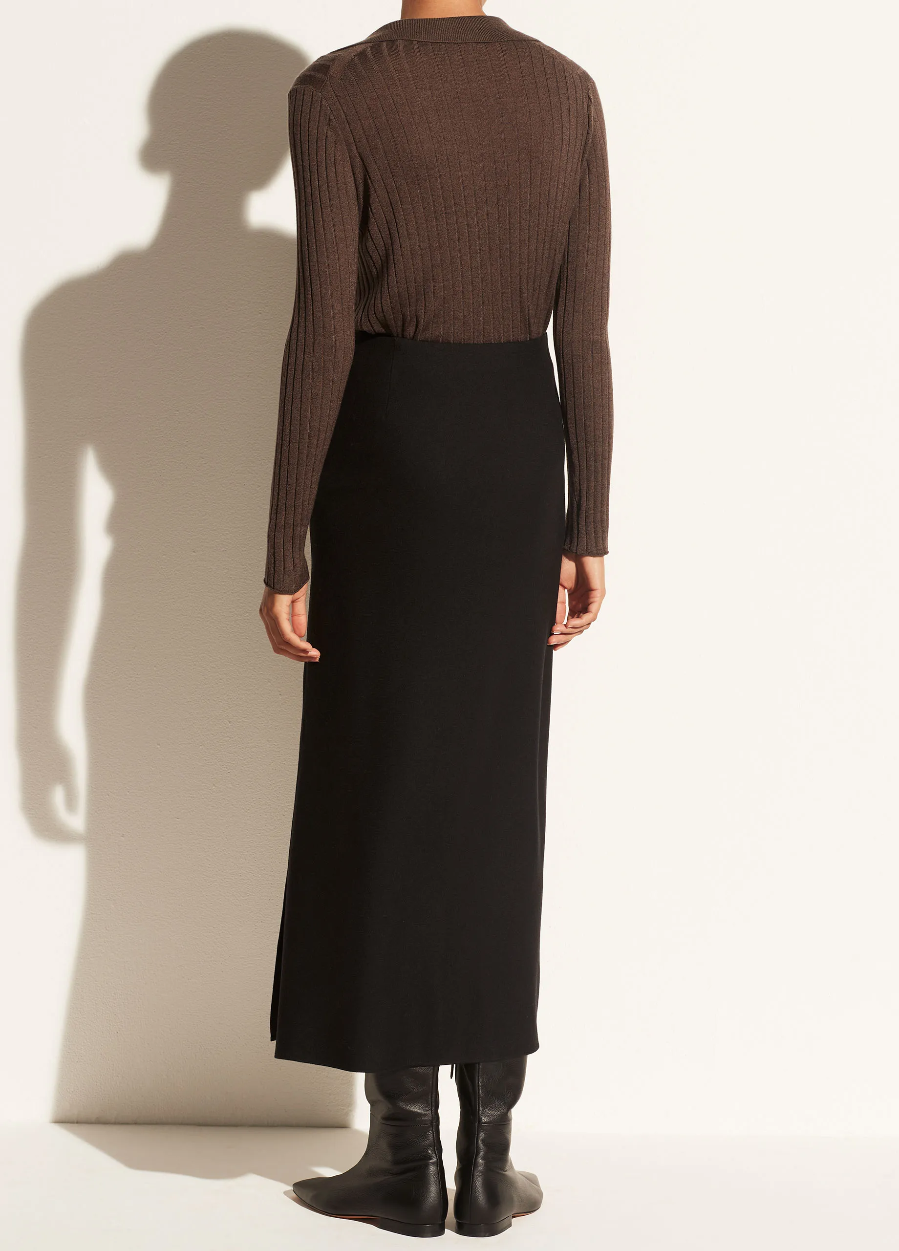 Brushed Flannel Side Slit Slip Skirt in Black