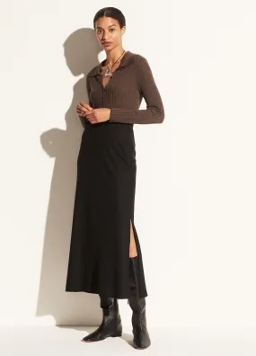 Brushed Flannel Side Slit Slip Skirt in Black