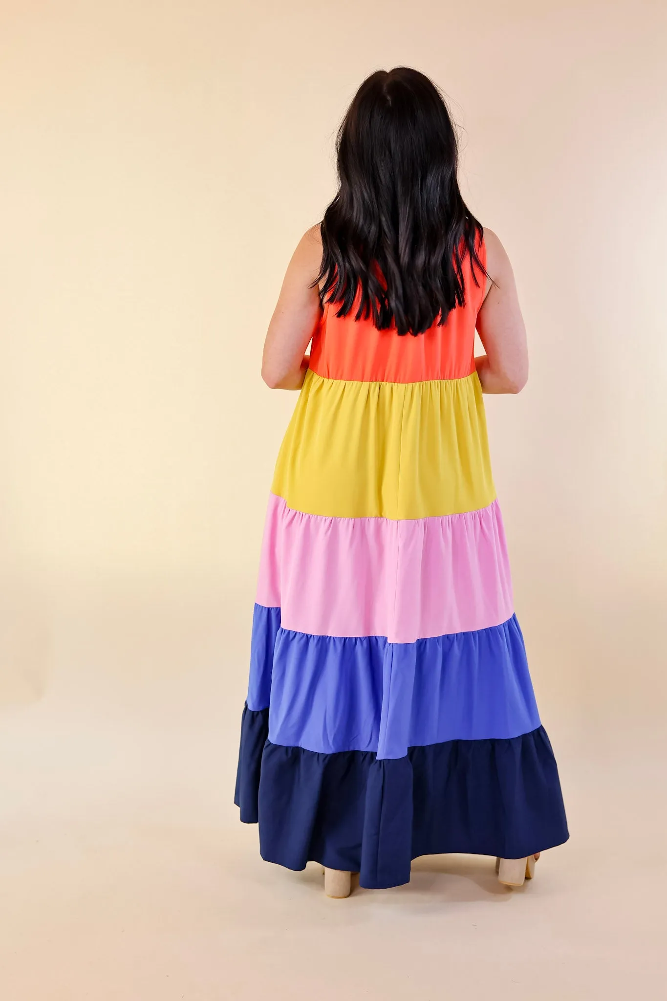 Calm Waters High Neck Tiered Maxi Dress in Coral Orange Mix