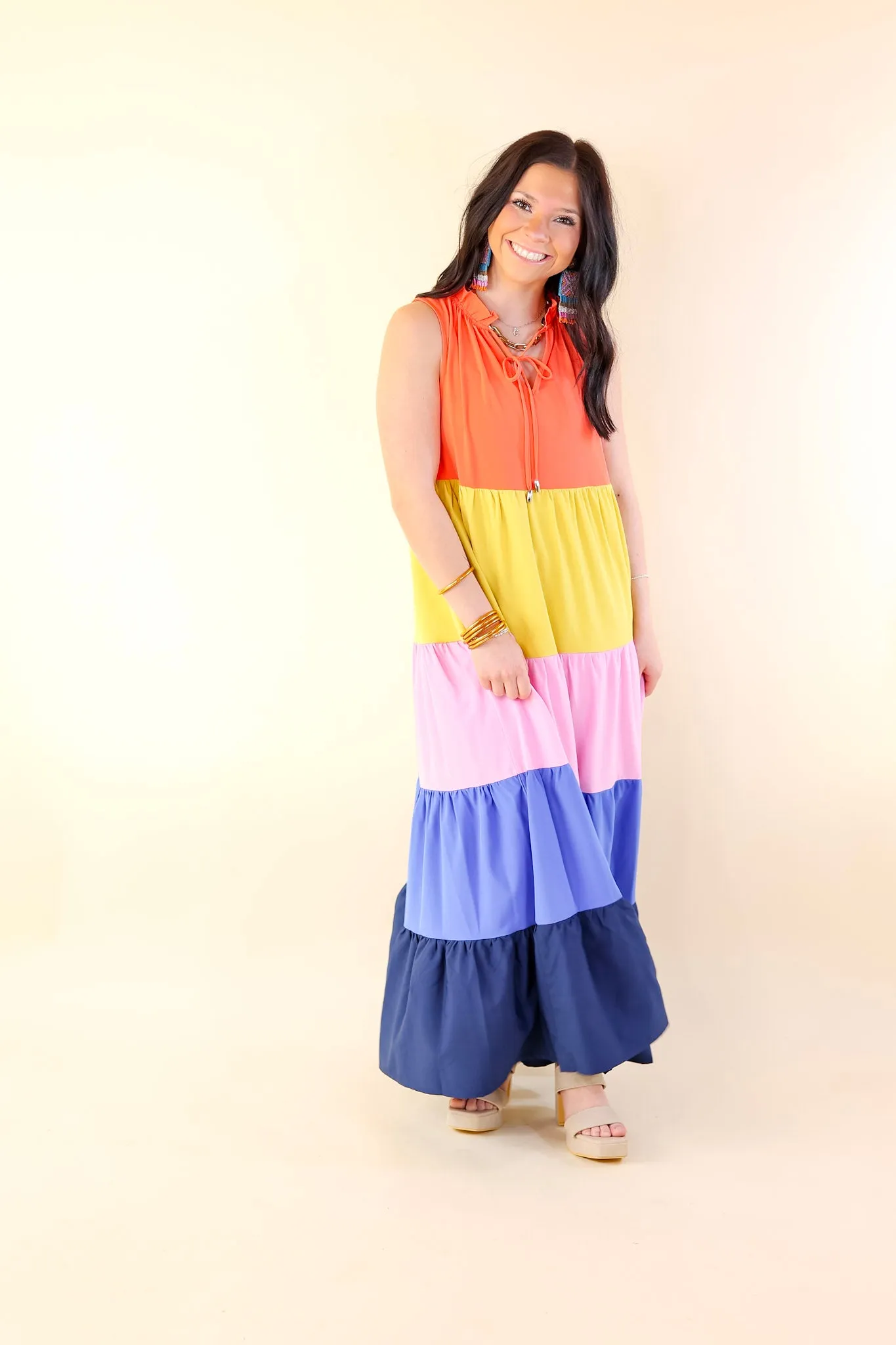 Calm Waters High Neck Tiered Maxi Dress in Coral Orange Mix