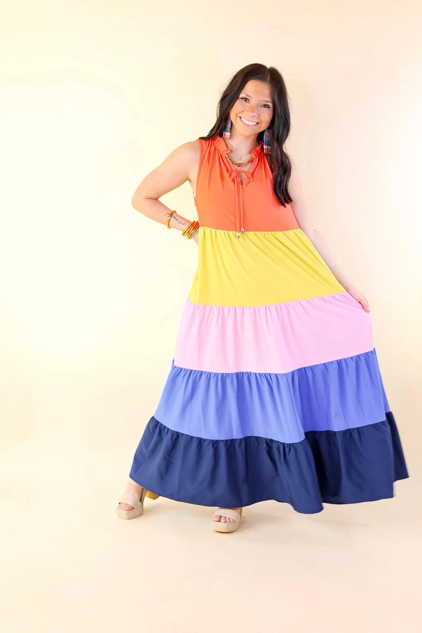Calm Waters High Neck Tiered Maxi Dress in Coral Orange Mix