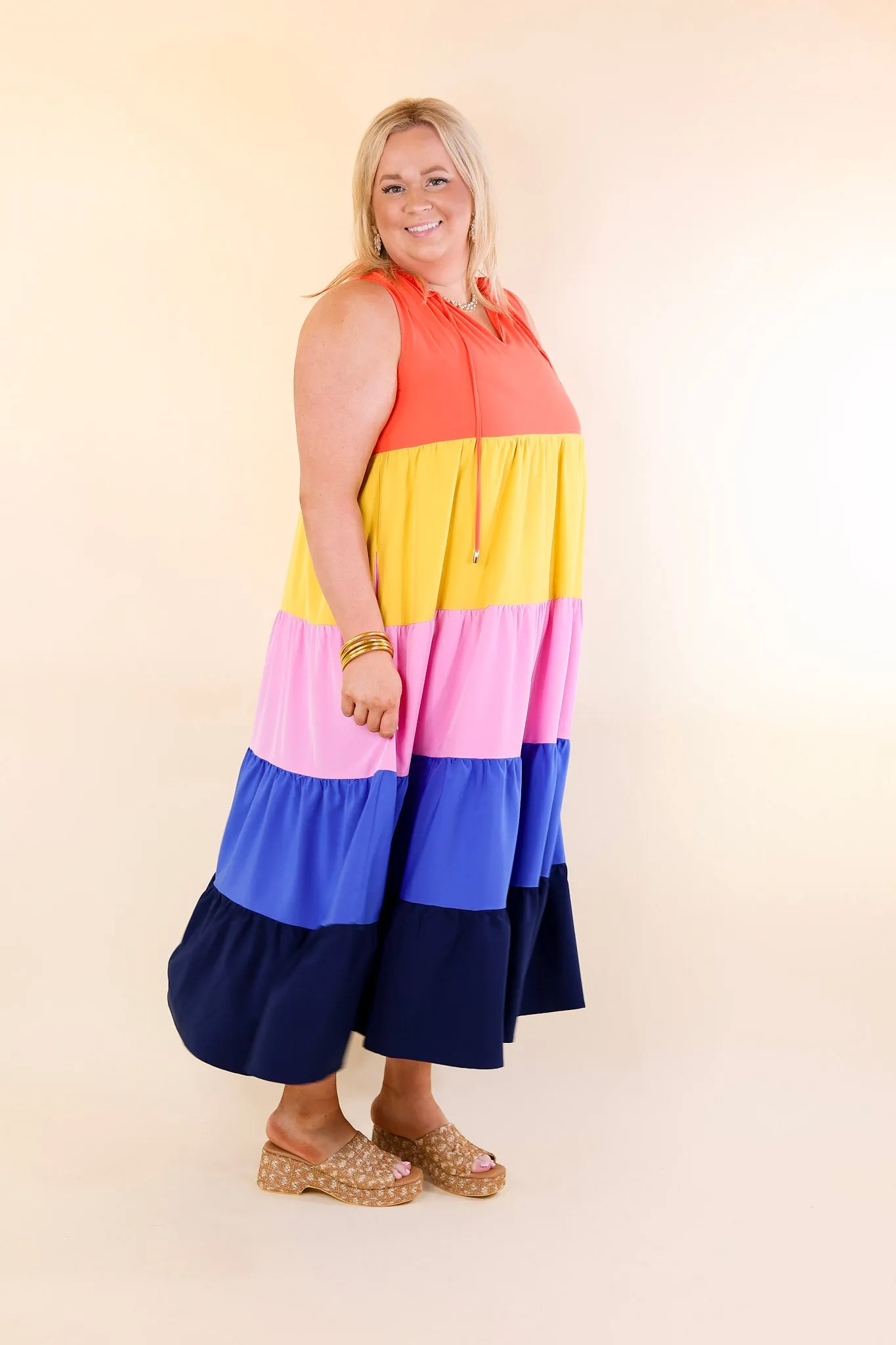 Calm Waters High Neck Tiered Maxi Dress in Coral Orange Mix