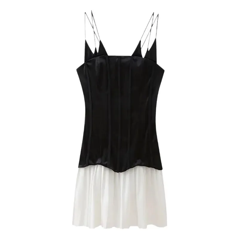 Chic High Waist Velvet Spliced Pleated Bottom Sling Mini Dress for Summer Women's 2024